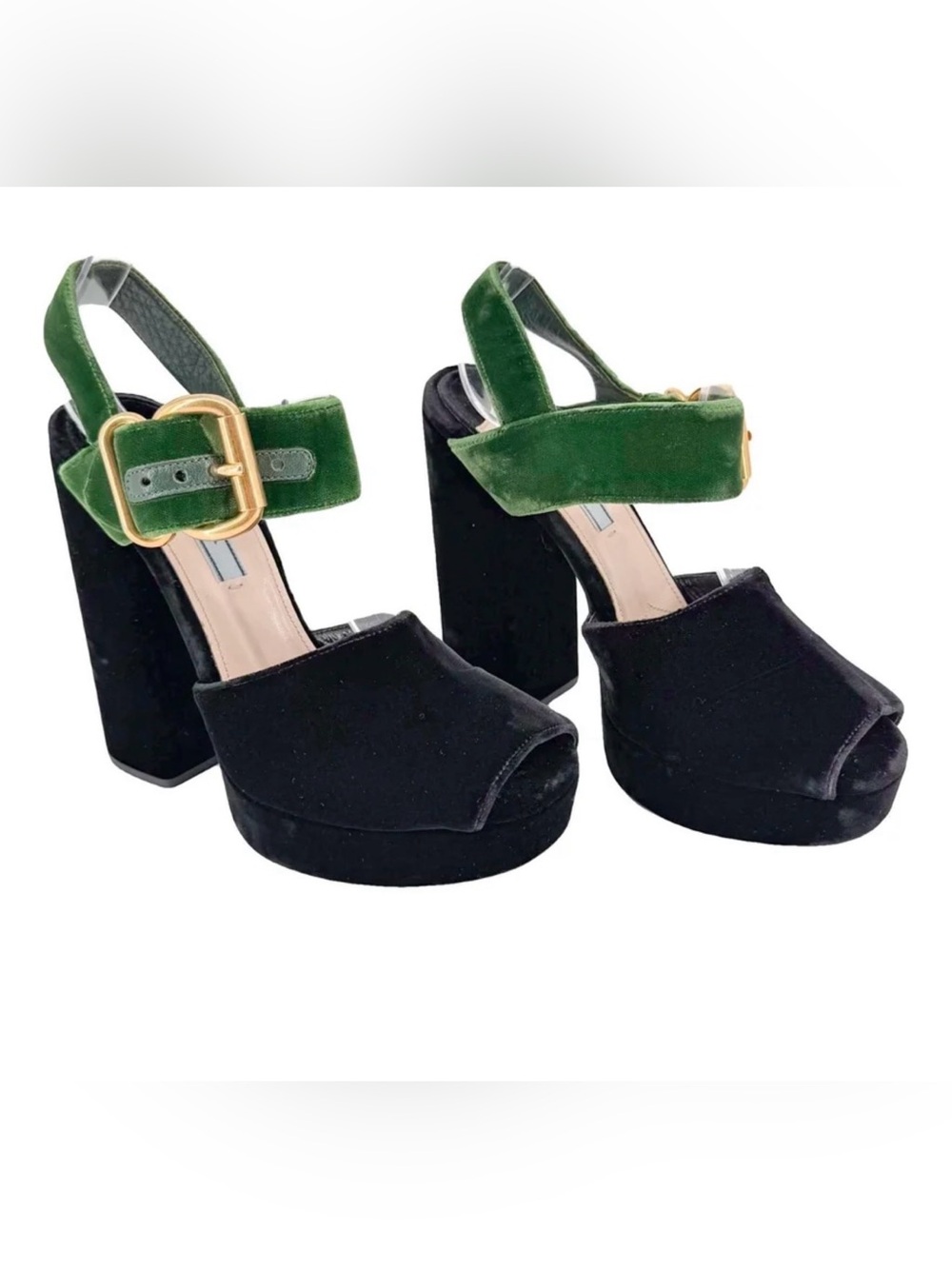 Prada Velvet Platform Sandals Heels Black & Green EU 38